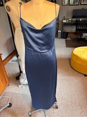 Heartloom Navy Satin Cowl Midi Slip Dress